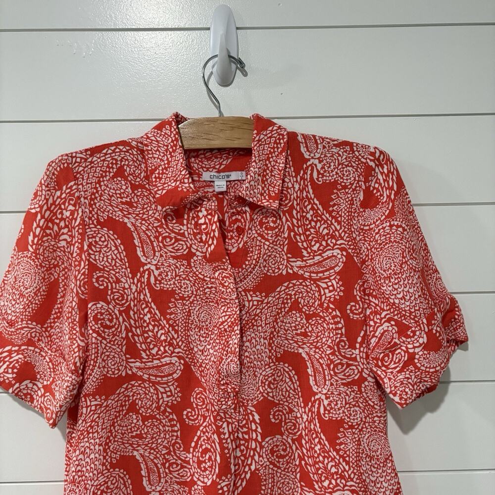 Chico's | Midi Dress Orange Paisley Linen Short Sleeve Resort Vacation- Size 4 0 - Picture 2 of 8